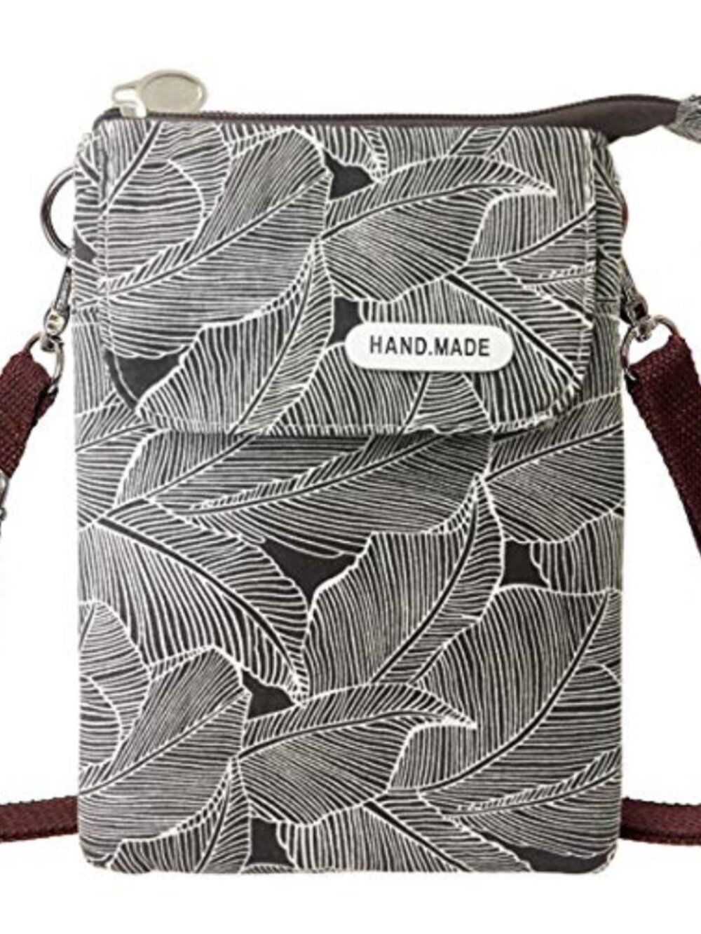 Handmade Canvas Small Crossbody Phone Purse Leaf Print Adjustable Everyday Bag